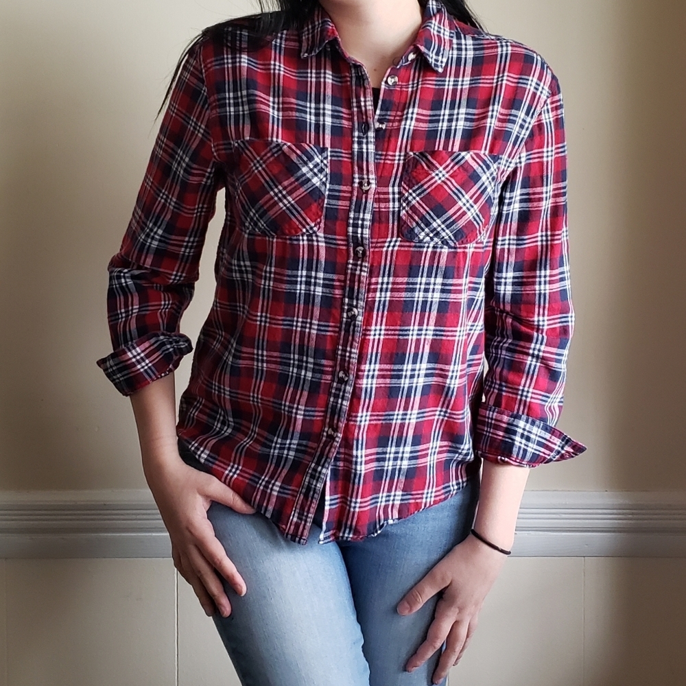 BDG UO Red Plaid Flannel Style Button Down Top XS